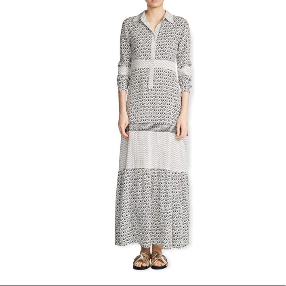 Maje Ragely Cotton Shirt Maxi Dress Boho Tiered Black and White Measure for size